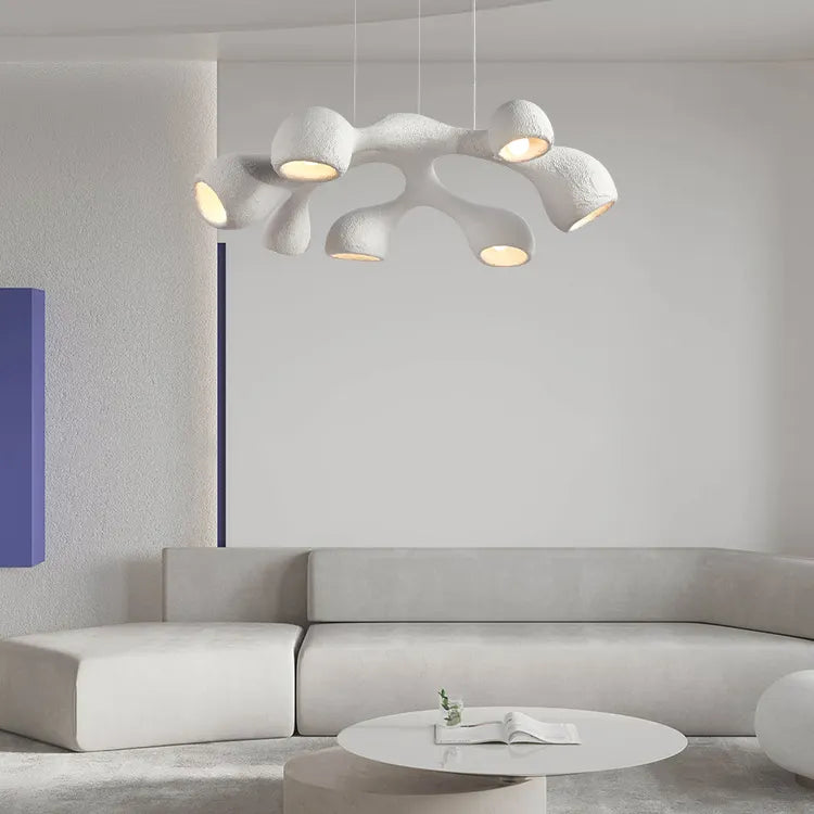 a Japandi style pendant light in a minimalist living room