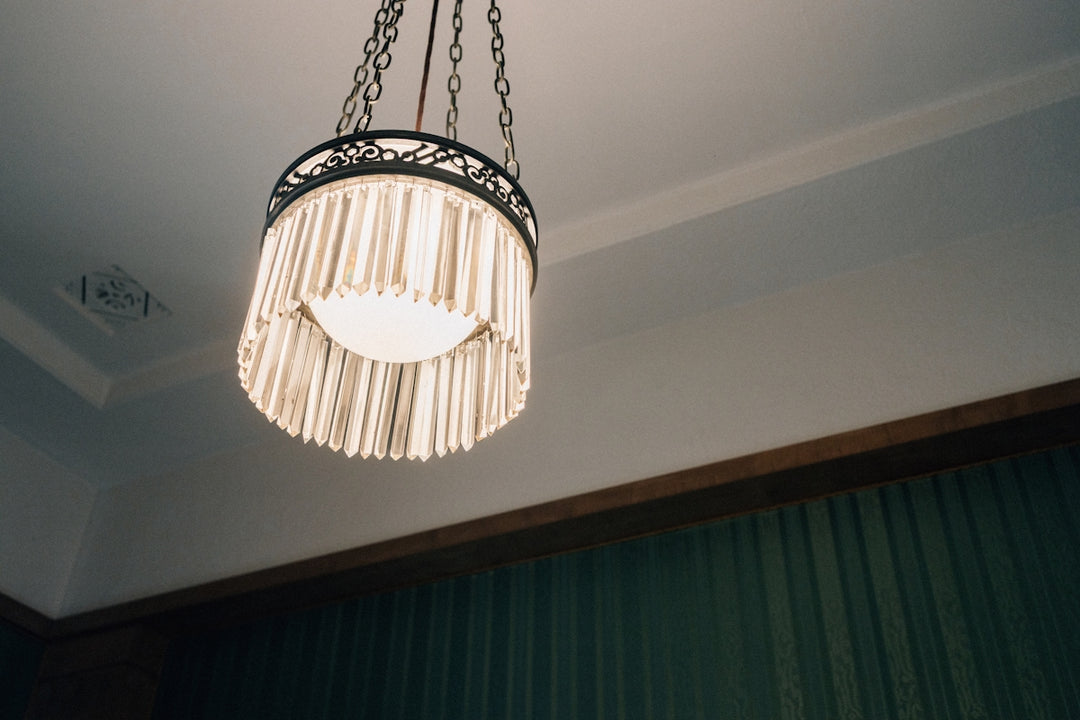 A decorative chandelier hangs from the ceiling.